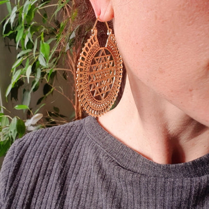 Sri Yantra Extra Large Earrings; Brass Ear Weights Boho Ethnic Rustic Indian Festival Psy Gypsy Spiral Hippie style