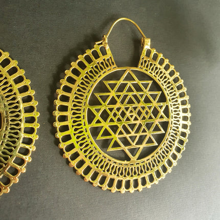 Sri Yantra Extra Large Earrings; Brass Ear Weights Boho Ethnic Rustic Indian Festival Psy Gypsy Spiral Hippie style