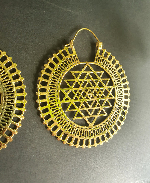 Sri Yantra Extra Large Earrings; Brass Ear Weights Boho Ethnic Rustic Indian Festival Psy Gypsy Spiral Hippie style