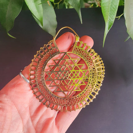 Sri Yantra Extra Large Earrings; Brass Ear Weights Boho Ethnic Rustic Indian Festival Psy Gypsy Spiral Hippie style