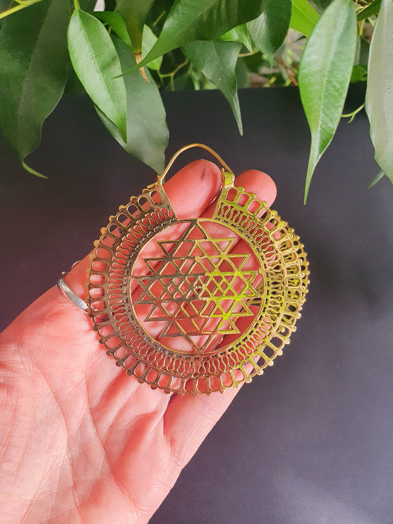 Sri Yantra Extra Large Earrings; Brass Ear Weights Boho Ethnic Rustic Indian Festival Psy Gypsy Spiral Hippie style