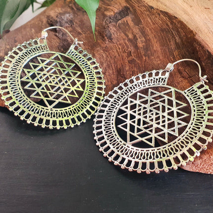 Sri Yantra Extra Large Silver Earrings; Brass Ear Weights Boho Ethnic Rustic Indian Festival Psy Gypsy Spiral Hippie style