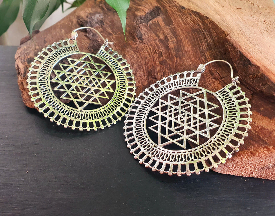 Sri Yantra Extra Large Silver Earrings; Brass Ear Weights Boho Ethnic Rustic Indian Festival Psy Gypsy Spiral Hippie style