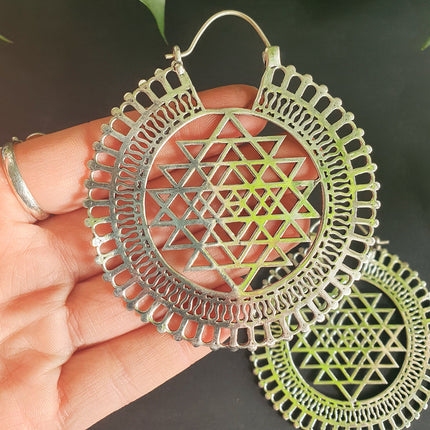 Sri Yantra Extra Large Silver Earrings; Brass Ear Weights Boho Ethnic Rustic Indian Festival Psy Gypsy Spiral Hippie style