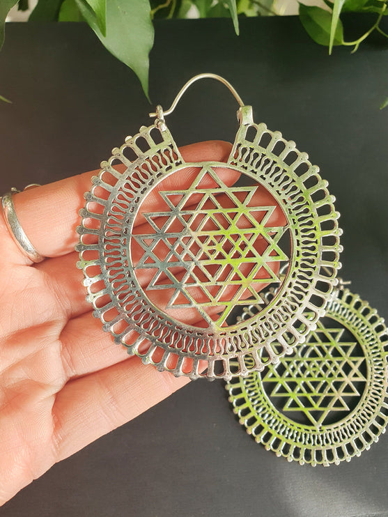 Sri Yantra Extra Large Silver Earrings; Brass Ear Weights Boho Ethnic Rustic Indian Festival Psy Gypsy Spiral Hippie style