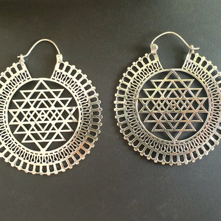 Sri Yantra Extra Large Silver Earrings; Brass Ear Weights Boho Ethnic Rustic Indian Festival Psy Gypsy Spiral Hippie style