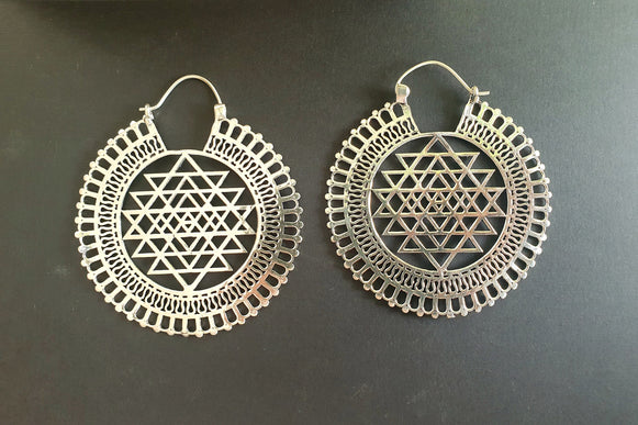 Sri Yantra Extra Large Silver Earrings; Brass Ear Weights Boho Ethnic Rustic Indian Festival Psy Gypsy Spiral Hippie style