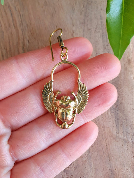 Golden Scarab Dangle Earrings Ancient Egypt ; Beetle Earrings, Drop; Ethnic, rustic, hippie, gypsy, pretty, psy, boho, bohemian, festival