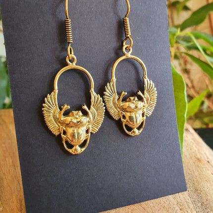 Golden Scarab Dangle Earrings Ancient Egypt ; Beetle Earrings, Drop; Ethnic, rustic, hippie, gypsy, pretty, psy, boho, bohemian, festival