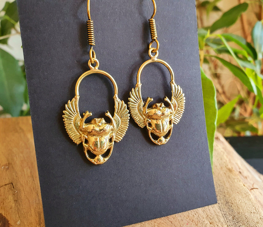 Golden Scarab Dangle Earrings Ancient Egypt ; Beetle Earrings, Drop; Ethnic, rustic, hippie, gypsy, pretty, psy, boho, bohemian, festival