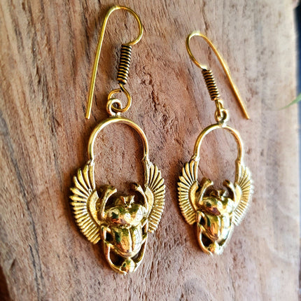 Golden Scarab Dangle Earrings Ancient Egypt ; Beetle Earrings, Drop; Ethnic, rustic, hippie, gypsy, pretty, psy, boho, bohemian, festival