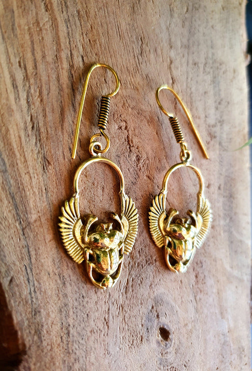 Golden Scarab Dangle Earrings Ancient Egypt ; Beetle Earrings, Drop; Ethnic, rustic, hippie, gypsy, pretty, psy, boho, bohemian, festival