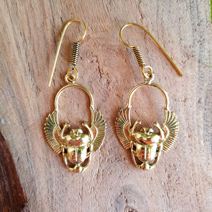 Golden Scarab Dangle Earrings Ancient Egypt ; Beetle Earrings, Drop; Ethnic, rustic, hippie, gypsy, pretty, psy, boho, bohemian, festival