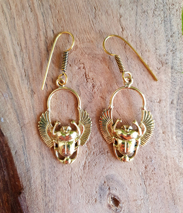 Golden Scarab Dangle Earrings Ancient Egypt ; Beetle Earrings, Drop; Ethnic, rustic, hippie, gypsy, pretty, psy, boho, bohemian, festival