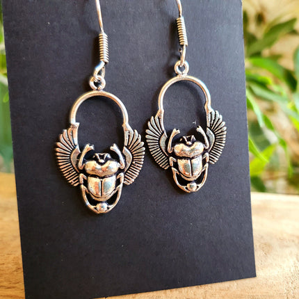 Silver Scarab Dangle Earrings Ancient Egypt ; Beetle Earrings, Drop; Ethnic, rustic, hippie, gypsy, pretty, psy, boho, bohemian, festival