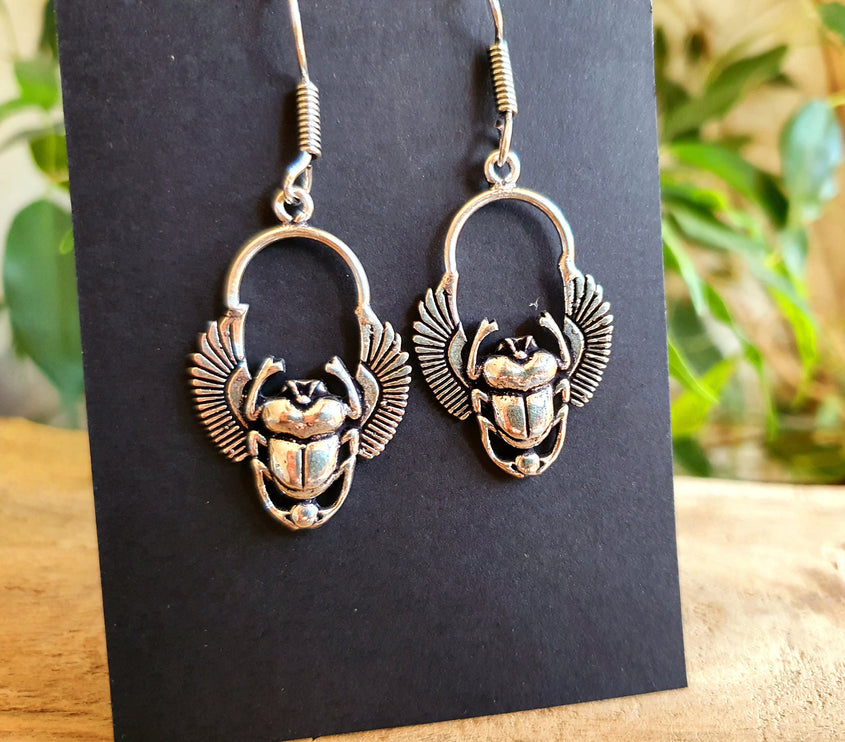 Silver Scarab Dangle Earrings Ancient Egypt ; Beetle Earrings, Drop; Ethnic, rustic, hippie, gypsy, pretty, psy, boho, bohemian, festival