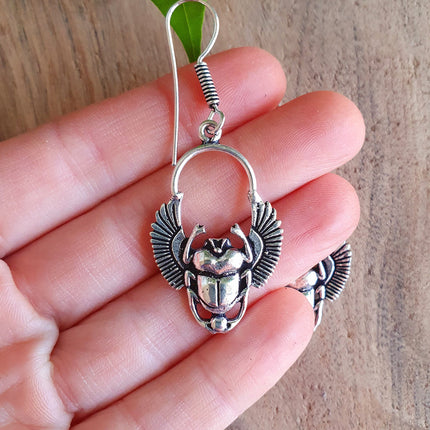 Silver Scarab Dangle Earrings Ancient Egypt ; Beetle Earrings, Drop; Ethnic, rustic, hippie, gypsy, pretty, psy, boho, bohemian, festival