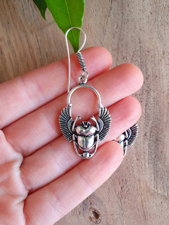 Silver Scarab Dangle Earrings Ancient Egypt ; Beetle Earrings, Drop; Ethnic, rustic, hippie, gypsy, pretty, psy, boho, bohemian, festival