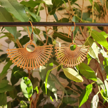 Large Gold Fan Drop Brass Earrings; Ethnic, Geometric, Small, Rustic, Yoga, Hippie, Gypsy, Pretty, Ssy, Boho, Bohemian, Festival