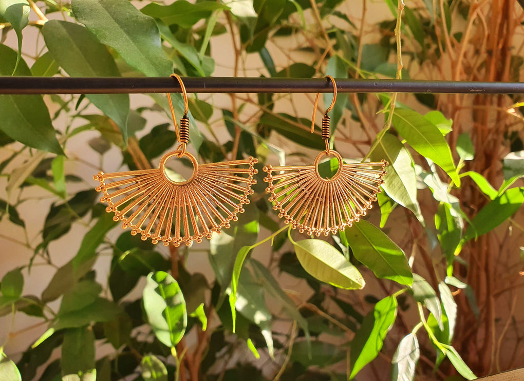 Large Gold Fan Drop Brass Earrings; Ethnic, Geometric, Small, Rustic, Yoga, Hippie, Gypsy, Pretty, Ssy, Boho, Bohemian, Festival