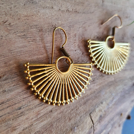 Large Gold Fan Drop Brass Earrings; Ethnic, Geometric, Small, Rustic, Yoga, Hippie, Gypsy, Pretty, Ssy, Boho, Bohemian, Festival