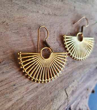 Large Gold Fan Drop Brass Earrings; Ethnic, Geometric, Small, Rustic, Yoga, Hippie, Gypsy, Pretty, Ssy, Boho, Bohemian, Festival