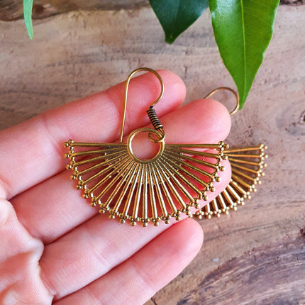 Large Gold Fan Drop Brass Earrings; Ethnic, Geometric, Small, Rustic, Yoga, Hippie, Gypsy, Pretty, Ssy, Boho, Bohemian, Festival