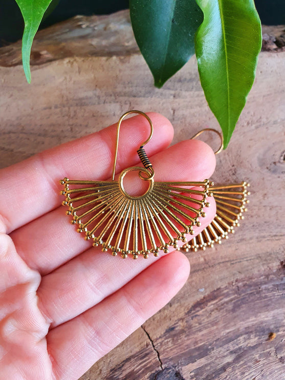 Large Gold Fan Drop Brass Earrings; Ethnic, Geometric, Small, Rustic, Yoga, Hippie, Gypsy, Pretty, Ssy, Boho, Bohemian, Festival