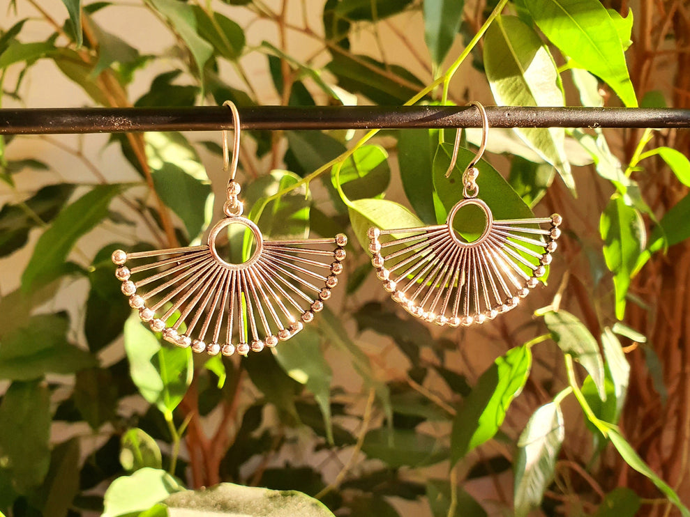 Large Silver Fan Earrings; Ethnic, Geometric, Small, Rustic, Yoga, Hippie, Gypsy, Pretty, Ssy, Boho, Bohemian, Festival