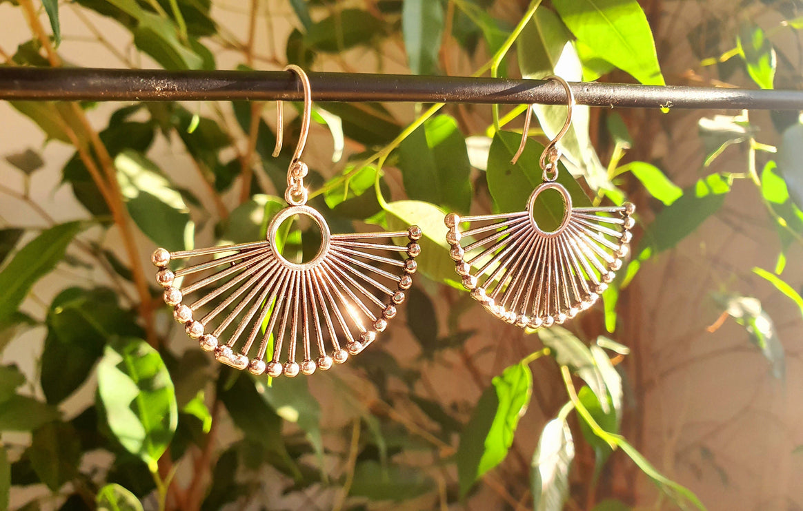 Large Silver Fan Earrings; Ethnic, Geometric, Small, Rustic, Yoga, Hippie, Gypsy, Pretty, Ssy, Boho, Bohemian, Festival