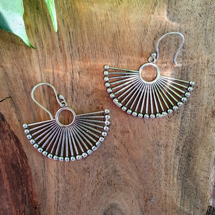 Large Silver Fan Earrings; Ethnic, Geometric, Small, Rustic, Yoga, Hippie, Gypsy, Pretty, Ssy, Boho, Bohemian, Festival