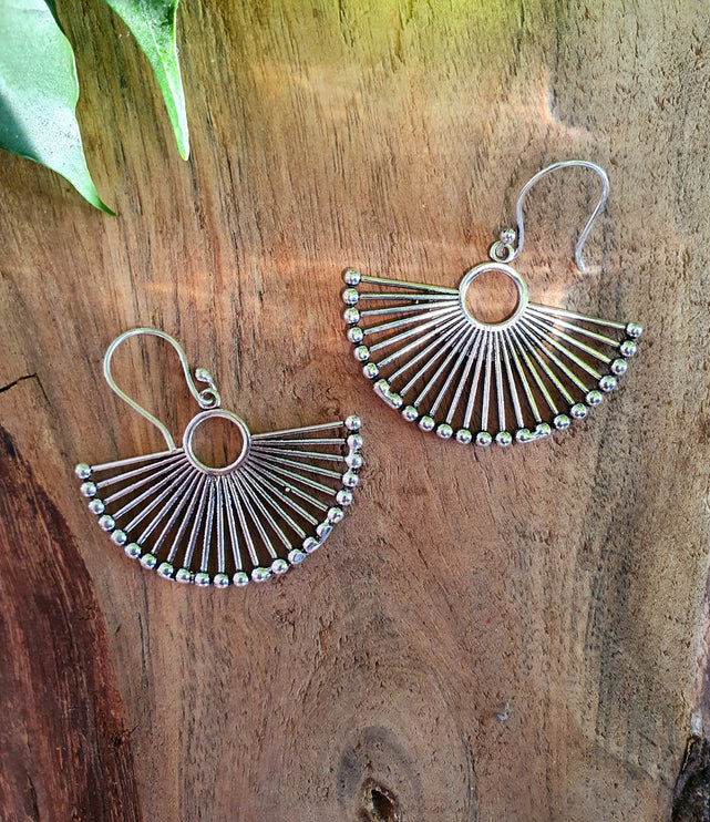 Large Silver Fan Earrings; Ethnic, Geometric, Small, Rustic, Yoga, Hippie, Gypsy, Pretty, Ssy, Boho, Bohemian, Festival