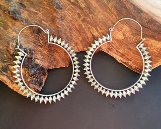 Extra Large Spiky Silver Hoop Earrings, Boho Ethnic Rustic, Festival Fashion, Psy Trance Wear