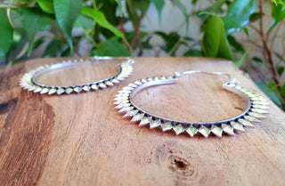 Extra Large Spiky Silver Hoop Earrings, Boho Ethnic Rustic, Festival Fashion, Psy Trance Wear
