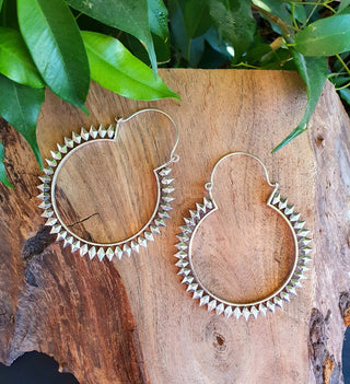 Extra Large Spiky Silver Hoop Earrings, Boho Ethnic Rustic, Festival Fashion, Psy Trance Wear