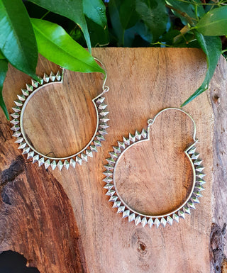 Extra Large Spiky Silver Hoop Earrings, Boho Ethnic Rustic, Festival Fashion, Psy Trance Wear