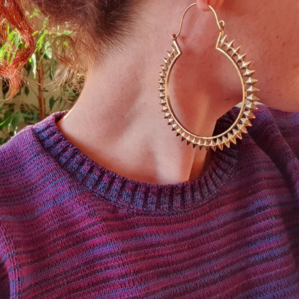 Extra Large Spiky Gold Hoop Earrings; Boho Ethnic Rustic Indian Festival Psy Gypsy Spiral Hippie style