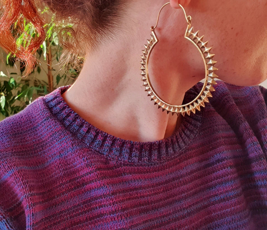 Extra Large Spiky Gold Hoop Earrings; Boho Ethnic Rustic Indian Festival Psy Gypsy Spiral Hippie style