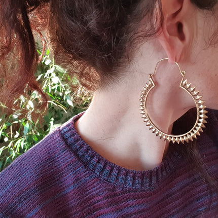 Extra Large Spiky Gold Hoop Earrings; Boho Ethnic Rustic Indian Festival Psy Gypsy Spiral Hippie style