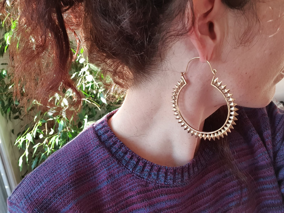 Extra Large Spiky Gold Hoop Earrings; Boho Ethnic Rustic Indian Festival Psy Gypsy Spiral Hippie style