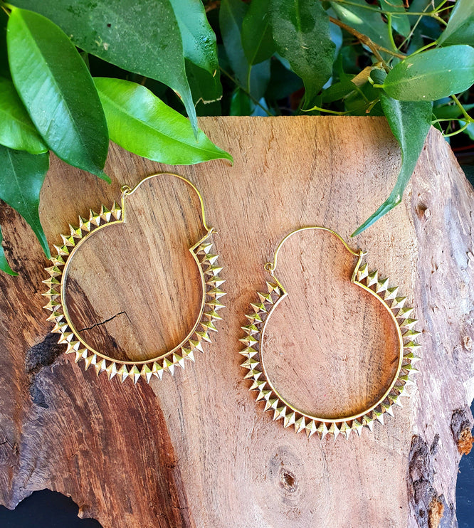 Extra Large Spiky Gold Hoop Earrings; Boho Ethnic Rustic Indian Festival Psy Gypsy Spiral Hippie style