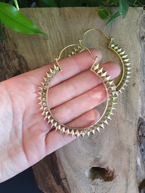 Extra Large Spiky Gold Hoop Earrings; Boho Ethnic Rustic Indian Festival Psy Gypsy Spiral Hippie style