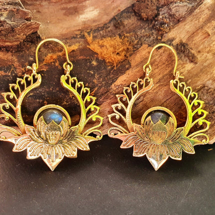 Golden Lotus Flower Labradorite Earrings rustic, yoga, hippie, gypsy, pretty, psy, boho, bohemian, festival