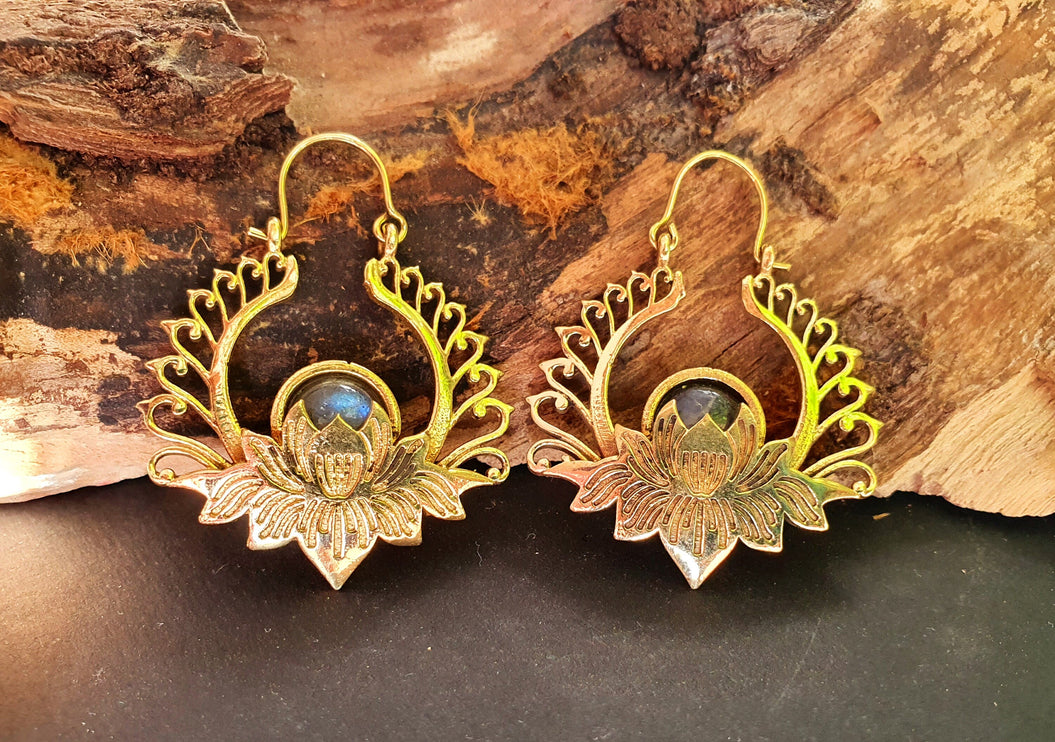 Golden Lotus Flower Labradorite Earrings rustic, yoga, hippie, gypsy, pretty, psy, boho, bohemian, festival