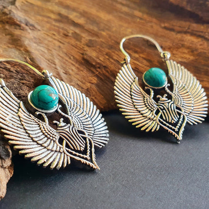 Silver Scarab Earrings Ancient Turquoise ; Ethnic, Geometric, rustic, yoga, hippie, gypsy, pretty, boho, bohemian, festival