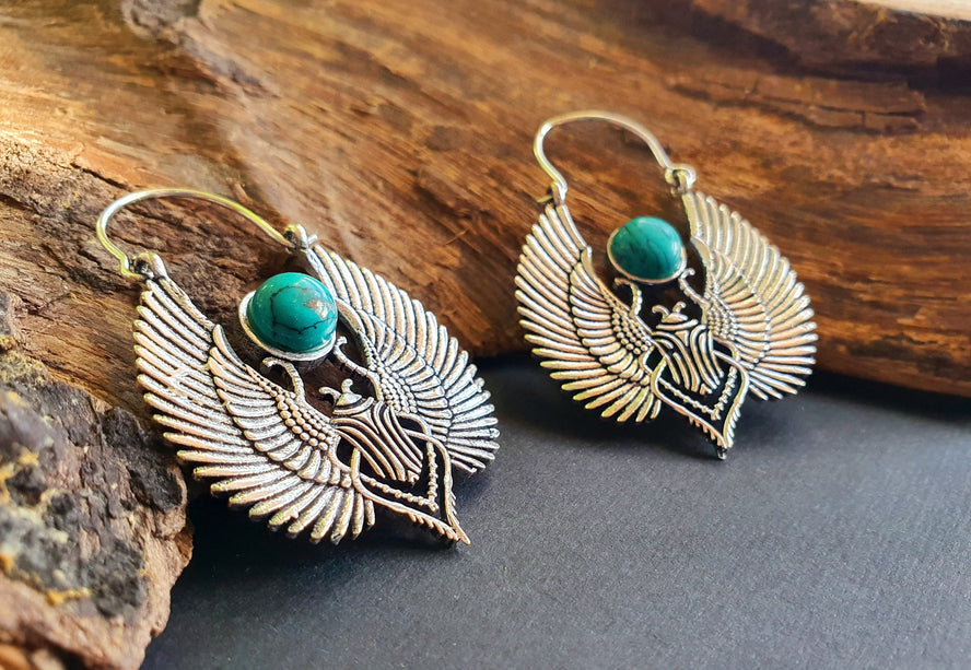 Silver Scarab Earrings Ancient Turquoise ; Ethnic, Geometric, rustic, yoga, hippie, gypsy, pretty, boho, bohemian, festival