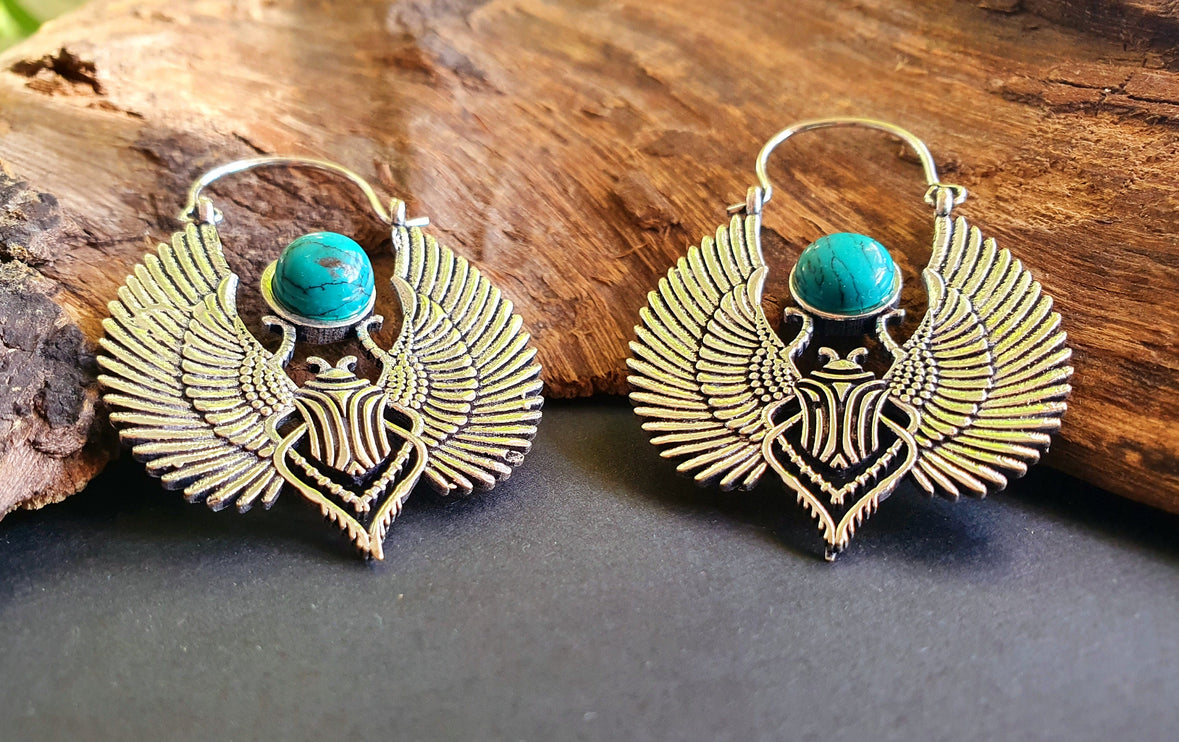 Silver Scarab Earrings Ancient Turquoise ; Ethnic, Geometric, rustic, yoga, hippie, gypsy, pretty, boho, bohemian, festival