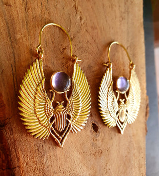 Golden Scarab Earrings Ancient Egypt & Amethyst ; Ethnic, Geometric, rustic, yoga, hippie, gypsy, pretty, boho, bohemian, festival