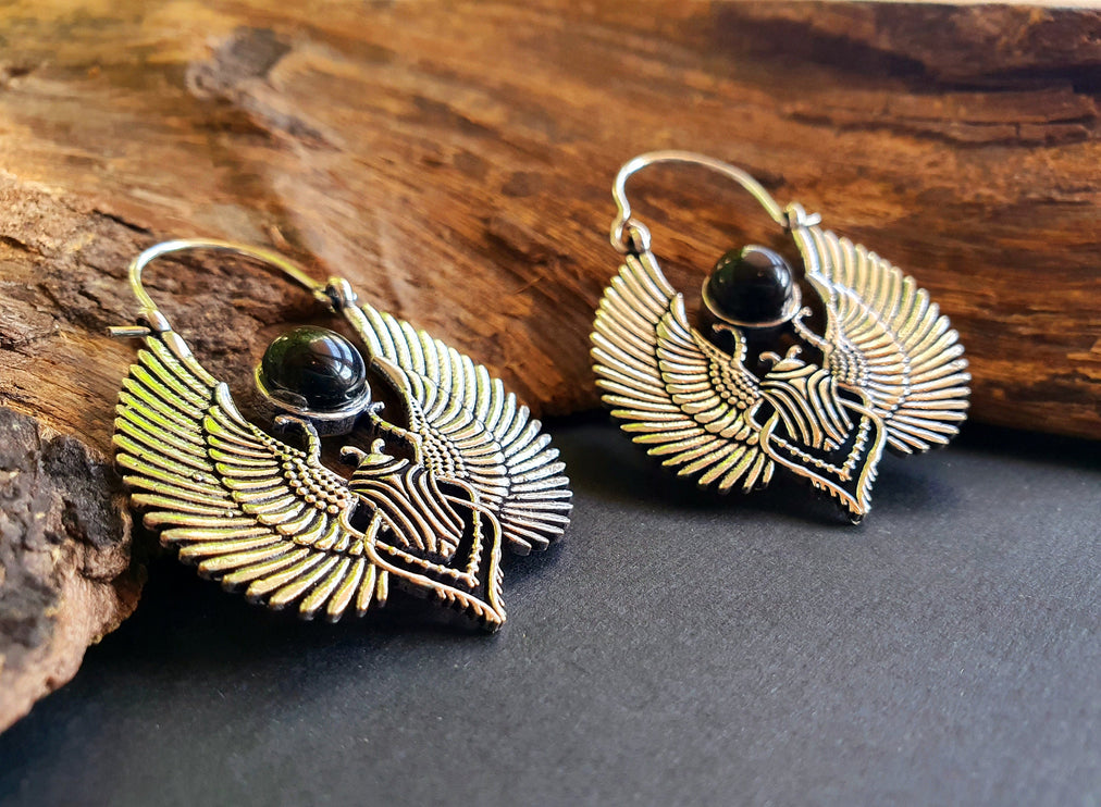 Silver Scarab Earrings Ancient Black Onyx ; Ethnic, Geometric, rustic, yoga, hippie, gypsy, pretty, boho, bohemian, festival