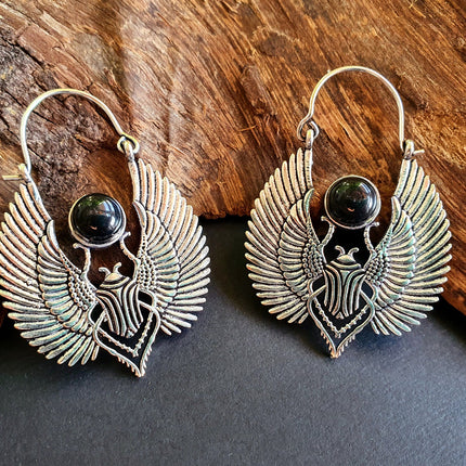 Silver Scarab Earrings Ancient Black Onyx ; Ethnic, Geometric, rustic, yoga, hippie, gypsy, pretty, boho, bohemian, festival